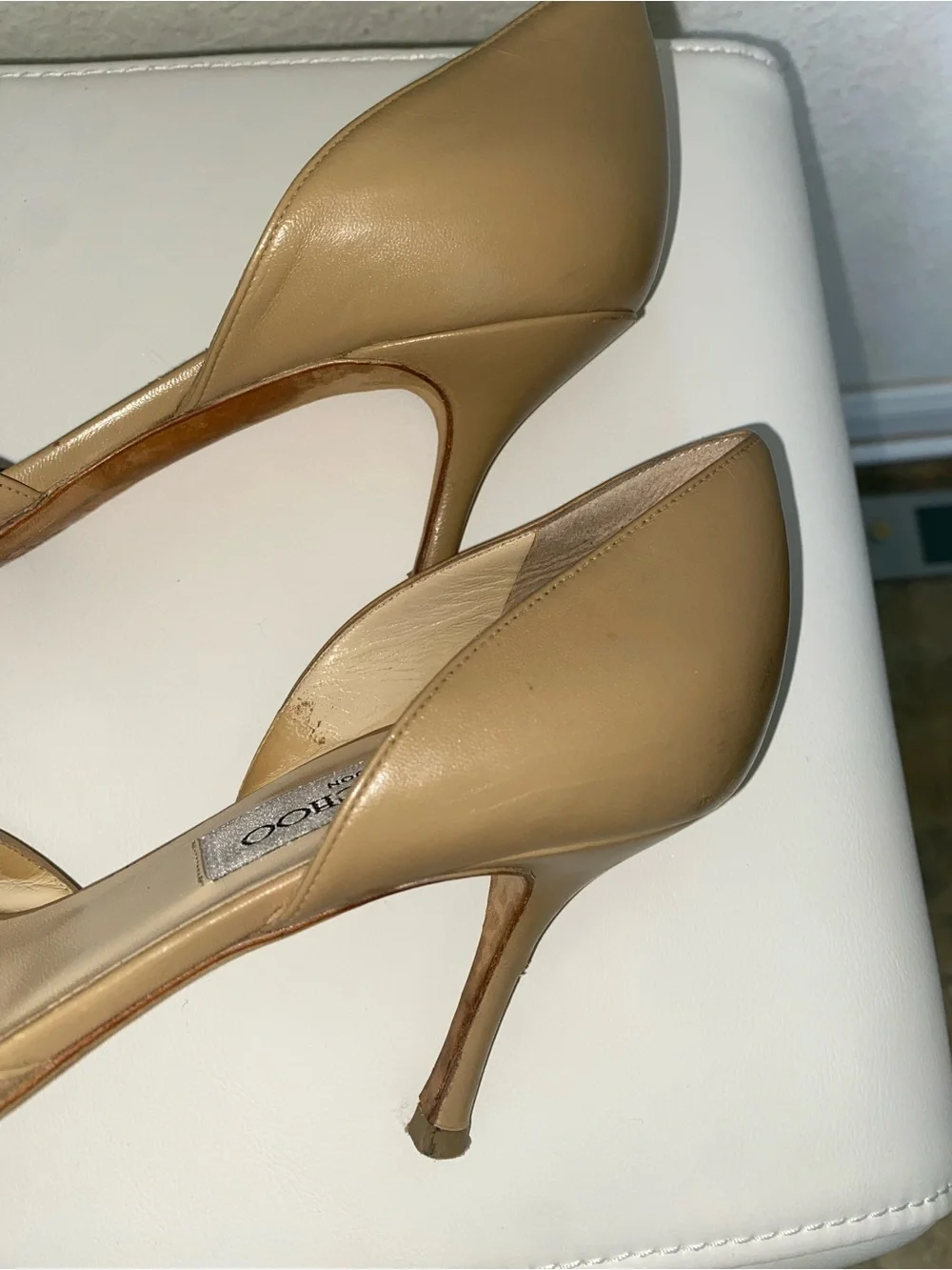 Jimmy Choo Logan Beige Leather Peep-Toe Pumps Sz 36.5/6.5 DAMAGED HEEL PROJECT